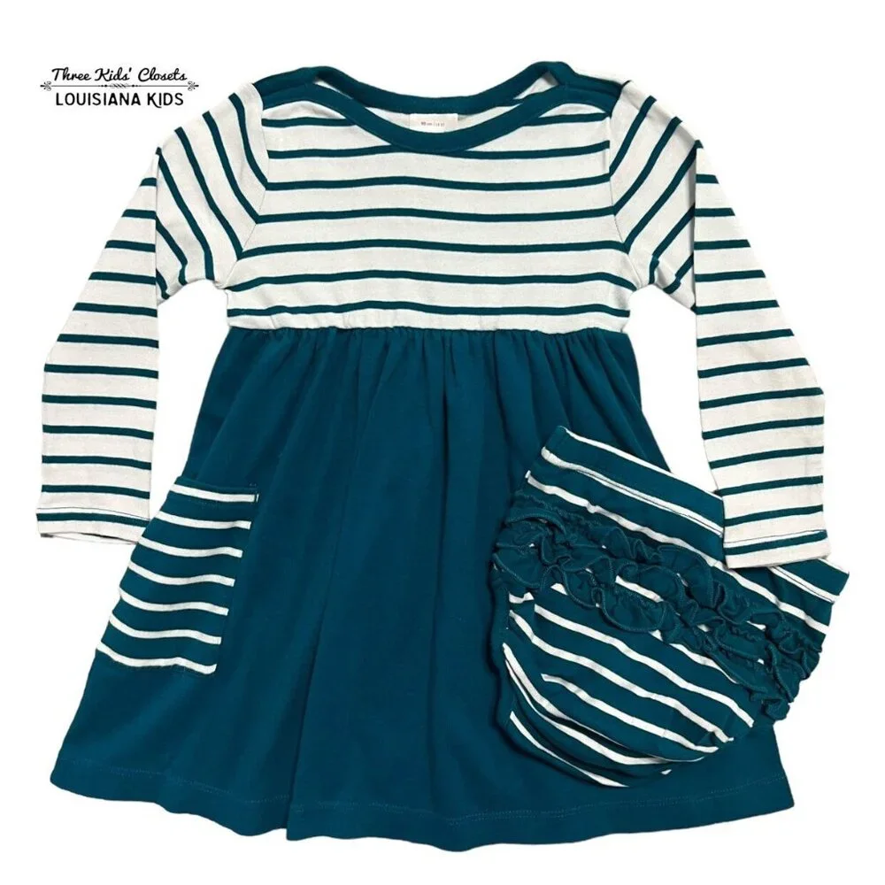Hanna Andersson Sz 90 (3T) Teal Striped Dress & Bloomers